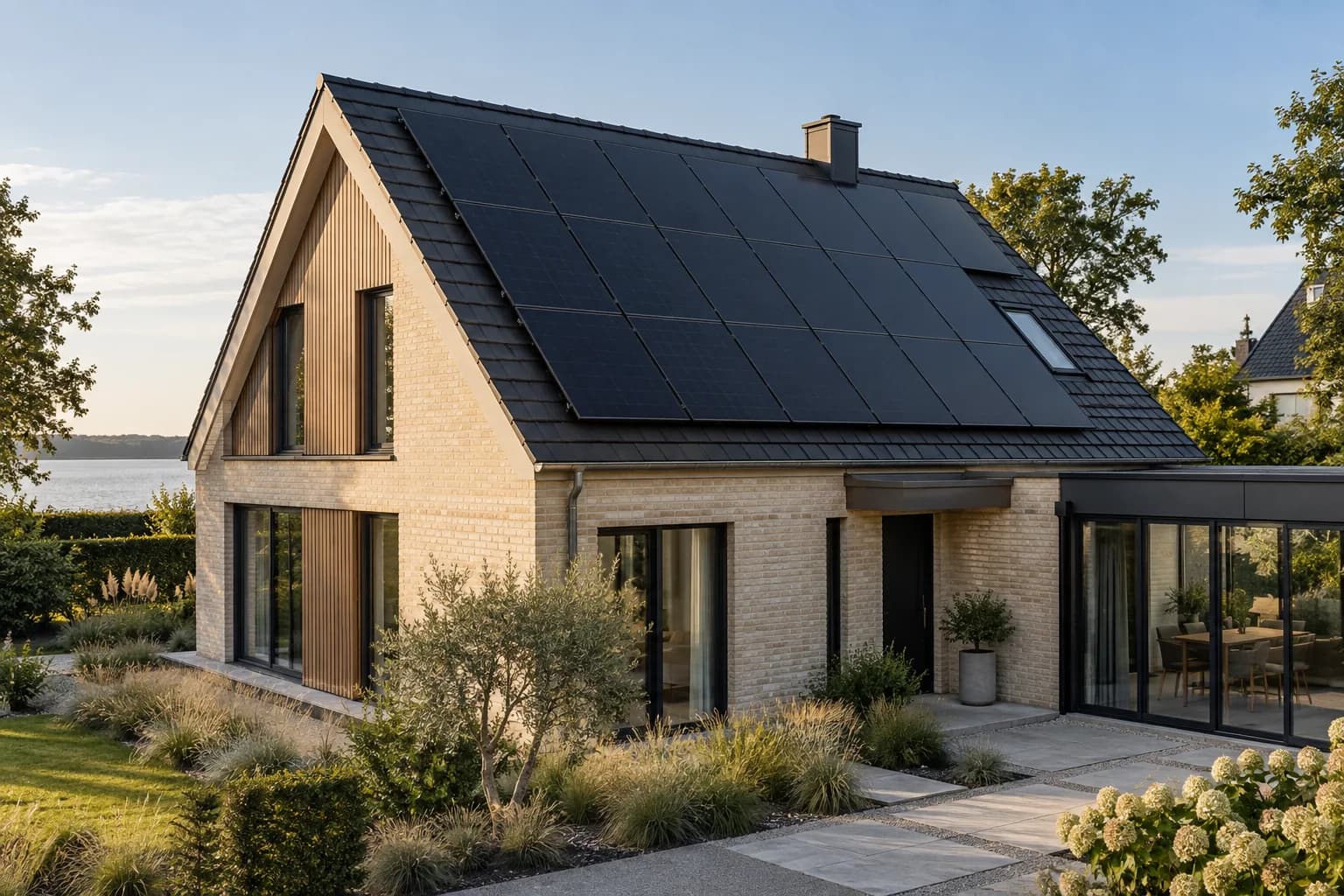 Illustration: Wohnhaus aus hellem Klinker mit flächenbündig angeordneten Photovoltaikmodulen